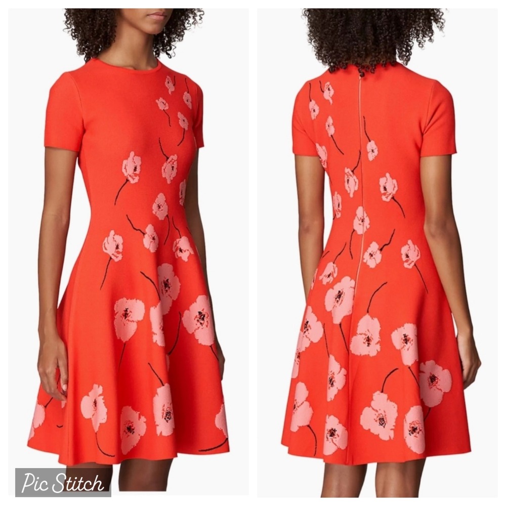 New Carolina Herrera Flared Intarsia Silk Knit Floral Dress Size X-Large